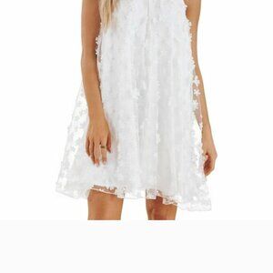 VIPMUNEC Women's Summer  White Floral Applique Halter Neck Dress Size Med